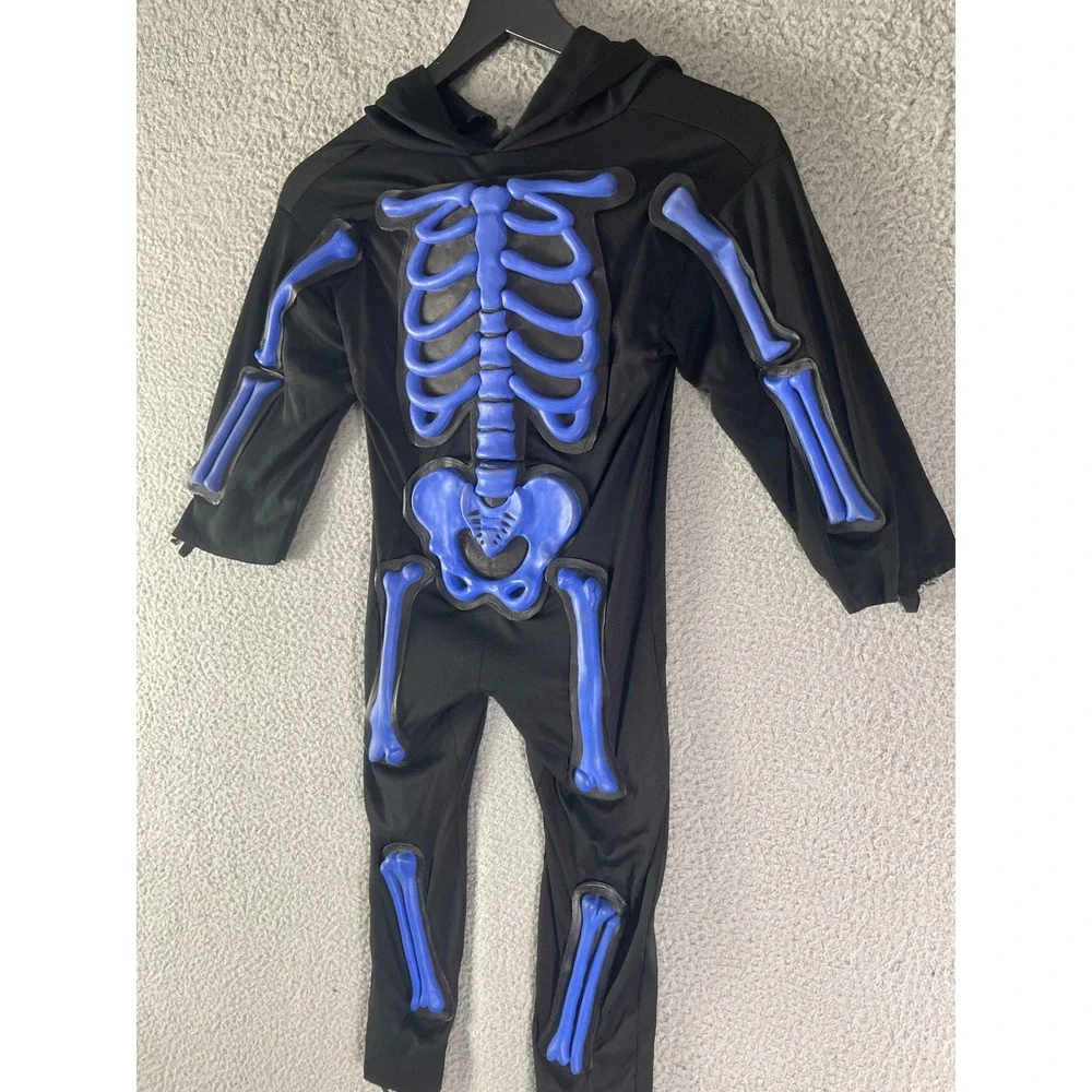 Kids Skeleton Costume 4T Blue 3D Bones Hooded Jumpsuit Halloween